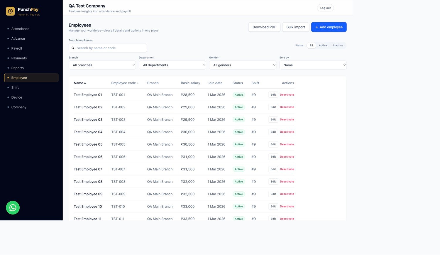 PunchPay employee register with branch, salary, shift and status
