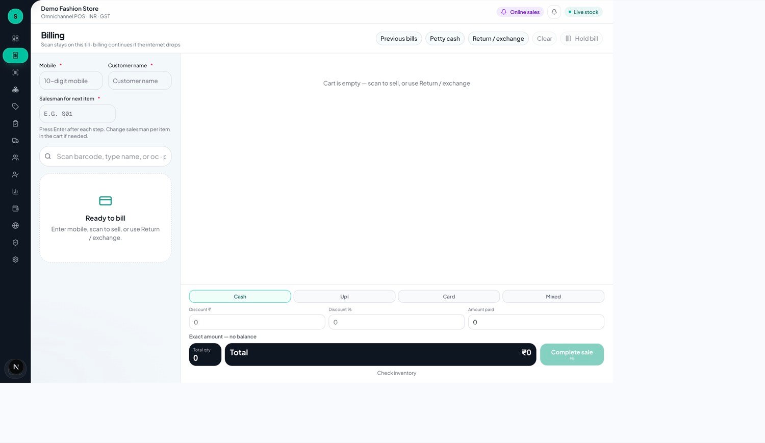 Salesify billing screen with cash, UPI, card and mixed payment