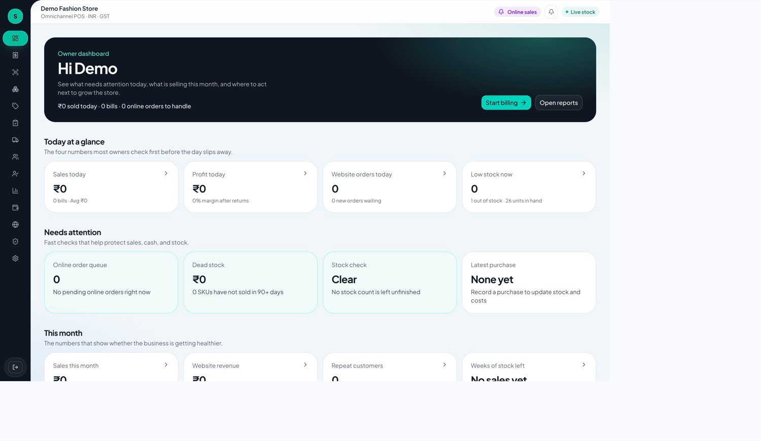 Salesify owner dashboard showing sales, profit, website orders and stock checks